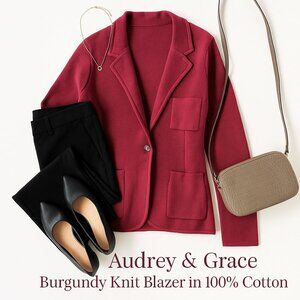 NWOT Audrey & Grace Burgundy Knit Blazer Size M Stretchy Tailored 100% Cotton